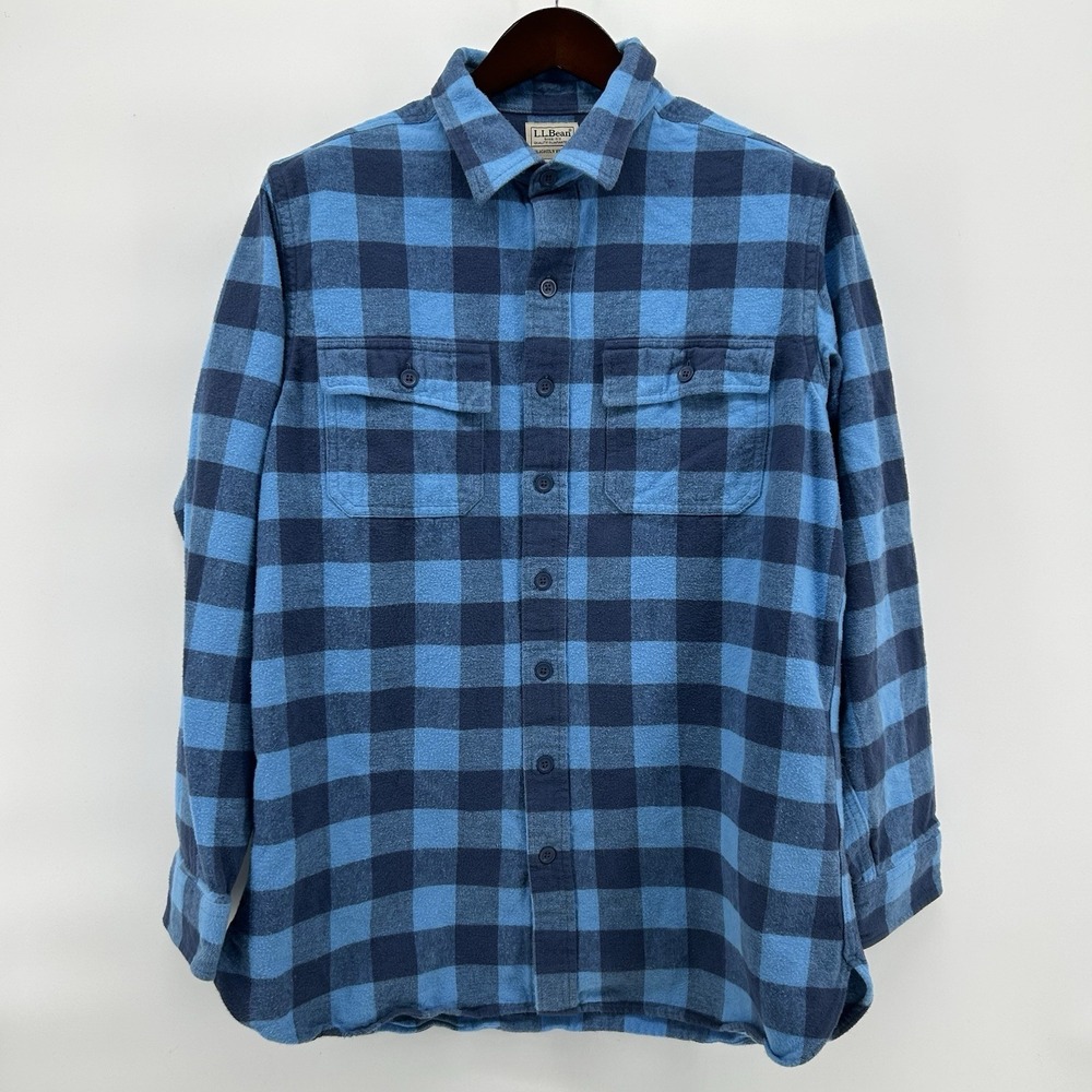 L.L. Bean Chamois Cloth Shirt Mens L Tall Blue Plaid Heavy Flannel Shacket Camp